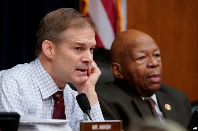 Rep. Jim Jordan of Ohio, the House Oversight and Reform Committee ranking Republican, left, and Chairman Elijah Cummings (Democrat-Maryland), right, are seen during a committee hearing on Capitol Hill in Washington, Feb. 26, 2019.