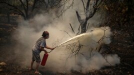 A woman uses a fire extinguisher to save a burning tree in Cokertme village, near Bodrum, Mugla, Turkey, Tuesday, Aug. 3, 2021. (AP Photo/Emre Tazegul)