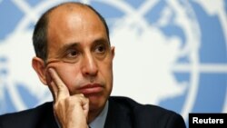 Special Rapporteur Tomas Ojea Quintana addresses human rights in North Korea during a news conference after his report to the Human Rights Council at the United Nations in Geneva, March 13, 2017. 