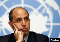 Special Rapporteur Tomas Ojea Quintana addresses human rights in North Korea during a news conference after his report to the Human Rights Council at the United Nations in Geneva, March 13, 2017.