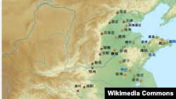 中國南水北調工程示意圖 （紅點為中線工程； 黃點為東線工程）
