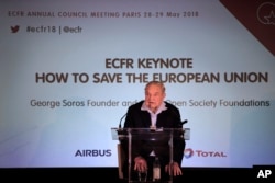 George Soros, founder and chairman of the Open Society Foundations, deliver his speech entitled "How to Save the European Union" as he attends the European Council On Foreign Relations Annual Council Meeting conference in Paris, May 29, 2018.