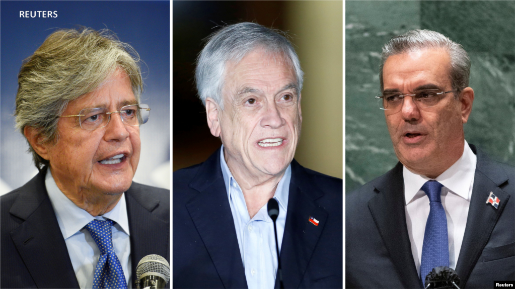 Collage de los presidentes de Ecuador, Guillermo Lasso; Chile, Sebastián Piñera, y la Republica Dominicana, Luis Abinader. [VOA]