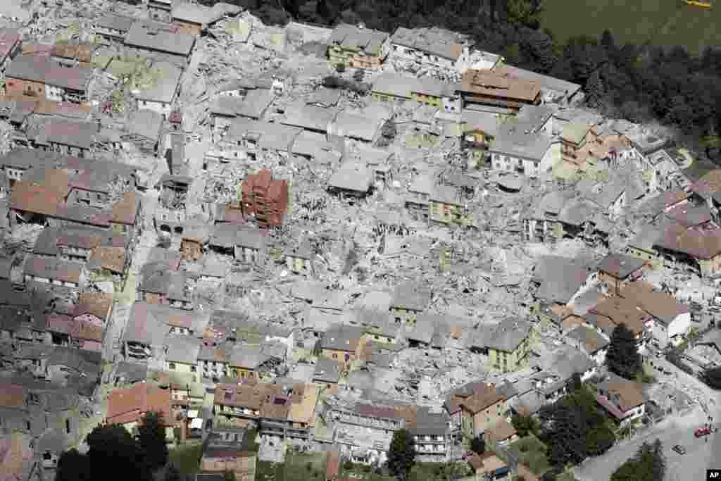 This aerial photo shows the damaged buildings in the town of Amatrice, central Italy, after a 6.2 magnitude earthquake killed at least 73 people. The mayor of Amatrice, Sergio Pirozzi, said, &quot;Three quarters of the town is not there anymore.&#39;&#39;