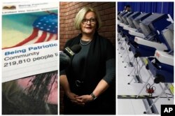This combination of 2017-2018 photos shows from left, a Facebook posting from a group named "Being Patriotic" attributed to Russian agents by the U.S. House Intelligence Committee, Democratic Sen. Claire McCaskill of Missouri whose campaign was targeted by Russian hackers and voting machines in Chicago after hackers found a way into the voter registration database at the Illinois State Board of Elections in mid-2016.