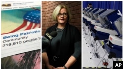 FILE - A combo of 2017-2018 photos shows (L-R) a Facebook posting from a group named "Being Patriotic" attributed to Russian agents by the U.S. House Intelligence Committee; Democratic Sen. Claire McCaskill of Missouri, whose campaign was targeted by Russian hackers, and voting machines in Chicago after hackers breached the voter registration database at the Illinois State Board of Elections in mid-2016. 