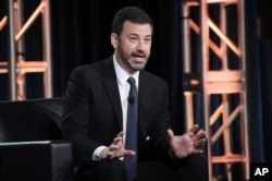 Jimmy Kimmel participates in the "Jimmy Kimmel Live and 90th Oscars" panel during the Disney/ABC Television Critics Association Winter Press Tour, Jan. 8, 2018, in Pasadena, Calif.