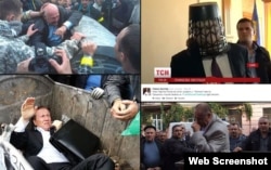 A collection of images posted to social media of Ukrainian politicians being thrown into trash bins or having trash dumped on them.