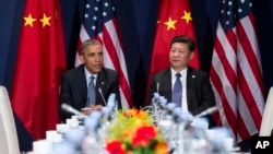 President Barack Obama (L) meets with Chinese President Xi Jinping during their meeting on the sidelines of the COP21, United Nations Climate Change Conference, in Le Bourget, outside Paris, Nov. 30, 2015.