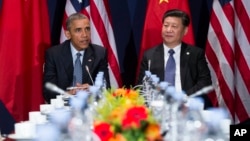 President Barack Obama (L) meets with Chinese President Xi Jinping during their meeting on the sidelines of the COP21, United Nations Climate Change Conference, in Le Bourget, near Paris, Nov. 30, 2015.