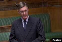 Britain's Conservative MP Jacob Rees-Mogg speaks in the Parliament in London, Britain, April 3, 2019, in this image taken from video.