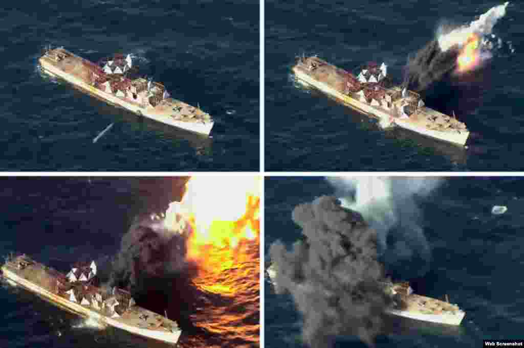북한이 신형 지대함 순항미사일을 시험발사한 후 선박을 타격하는 장면을 대외선전용 웹사이트 &#39;우리민족끼리&#39;에 공개했다.