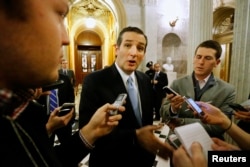 U.S. Senator Ted Cruz (R-TX) talks to reporters after the Senate passed a $1.1 trillion spending bill following a long series of votes, many on procedural matters or to confirm members of the Obama administration, at the U.S. Capitol in Washington, Dec. 1