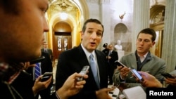 Senator Ted Cruz memberikan keterangan pers setelah Senat AS menyetujui rencana pengeluaran pemerintah untuk tahun 2015 sebesar 1,1 triliun dolar (13/12).