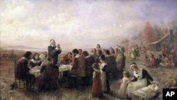 'The First Thanksgiving at Plymouth' (Jennie A. Brownscombe, 1914) shows well-dressed, prayerful Pilgrims and Indians, a depiction experts say is far from accurate.