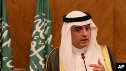 FILE - Saudi Foreign Minister Adel al-Jubeir speaks during a press conference in Amman, Jordan, July 9, 2015.