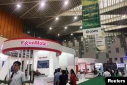 A booth of U.S. major ExxonMobil is seen at the China (Dongying) International Petrochemical Trade Exhibition in Dongying, Shandong province, China, May 29, 2018.