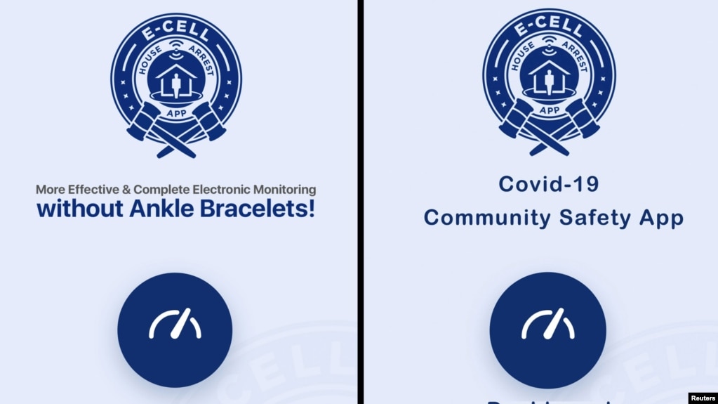 This undated combination image shows the interface of E-Cell Inc.'s House Arrest App and a mockup that E-Cell recently prepared to market the coronavirus disease (COVID-19) quarantine enforcement version of the same app. E-Cell/Handout via REUTERS
