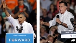 In these Sept. 26, 2012 photos, President Barack Obama and Republican presidential candidate Mitt Romney campaign in the battleground state of Ohio.