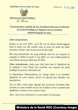 Déclaration du ministre de la santé Oly Ilunga Kalenga, 12 mai 2017.