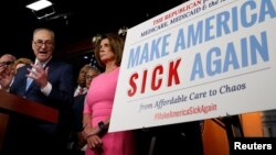 FILE - Senate Democratic Leader Chuck Schumer and House Democratic Leader Nancy Pelosi speak following a meeting with U.S.President Barack Obama on congressional Republicans' effort to repeal the Affordable Care Act on Capitol Hill in Washington, Jan. 4, 2017.