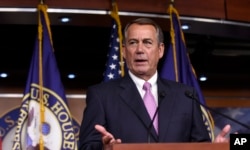 FILE - House Speaker John Boehner of Ohio speaks during a news conference on Capitol Hill in Washington.