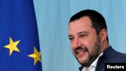 FILE - Italy's Interior Minister Matteo Salvini arrives to attend a news conference regarding the return of former leftist guerrilla Cesare Battisti, in Rome, Italy, Jan. 14, 2019. 