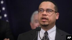 U.S. Rep. Keith Ellison, the first Muslim elected to congress, (D-MN), talks during a press conference in Cairo, Egypt, March 15, 2012.