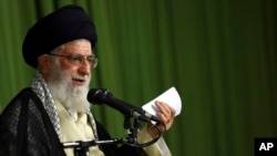 FILE - Iranian supreme leader, Supreme Leader Ayatollah Ali Khamenei speaks in a meeting with Iranian ambassadors in Tehran, Iran, Aug. 13, 2014.