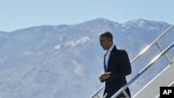 President Barack Obama walks down the stairs from Air Force One upon his arrival at Palm Springs International Airport, Friday, Feb. 12, 2016 in Palm Springs, Calif. Obama will travel to nearby Sunnylands in Rancho Mirage. There he will be joined by Secretary of State John Kerry for a gathering on Monday and Tuesday of the leaders of the Association of Southern Asian Nations (ASEAN). The summit is aimed at strengthening the U.S.- ASEAN strategic partnership. (AP Photo/Pablo Martinez Monsivais)