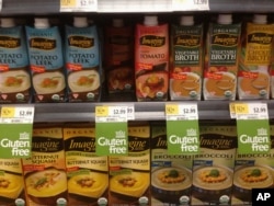 Gluten-free products on store shelf.