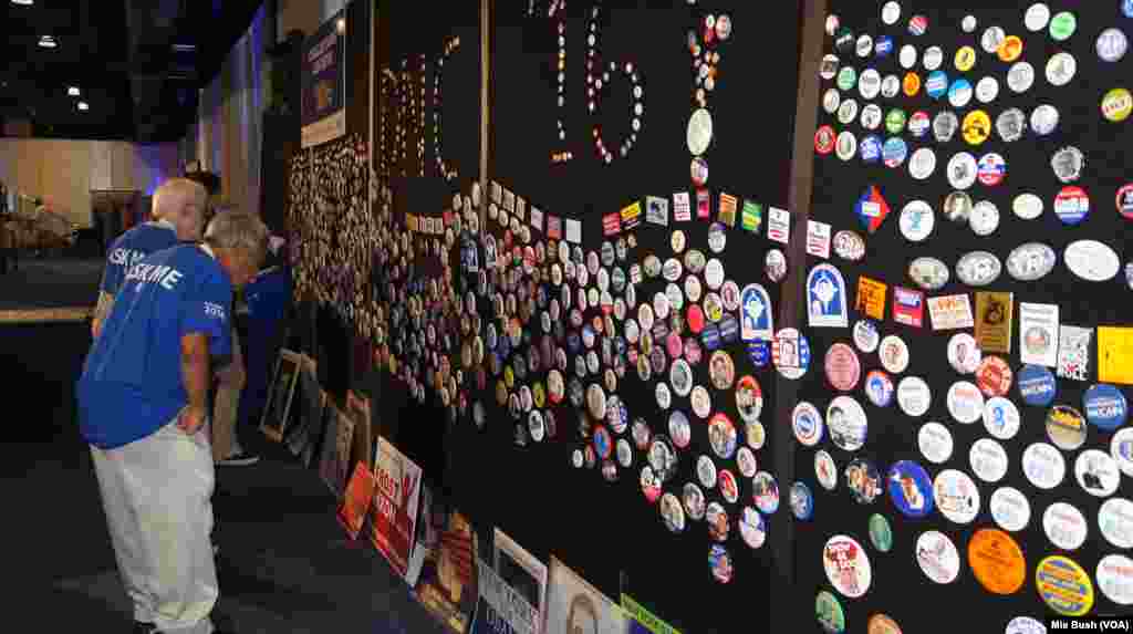 The American Political Items Collectors booth had hundreds of pins used in previous presidential campaigns, at the Pennsyvania Convention Center, in Philadelphia, July 26, 2016.
