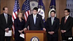 លោក​ Paul Ryan (កណ្ដាល)​ សមាជិក​​សភា​​មក​​ពី​​គណបក្ស​​សាធារណរដ្ឋ​​មក​​​ពី​​រដ្ឋ​​ Wisconsin ជា​មួយ​អ្នក​តាក់​តែង​ច្បាប់​ពី​គណបក្ស​​សាធារណរដ្ឋ​​ ពេល​ធ្វើ​សន្និសីទ​សារព័ត៌មាន​នៅ​ថ្ងៃ​ទី​១៣​ ខែ​មេសា​ ឆ្នាំ​​​២០១១។