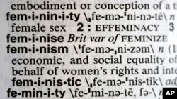 A Dec. 11, 2017, photo taken in New York shows the word feminism listed in the dictionary. Merriam-Webster has revealed “feminism” as its word of the year for 2017 on Dec. 12