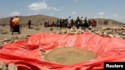 FILE - Displaced people gather at an artificial water pan near Habaas town of Awdal region, Somaliland, April 9, 2016. Across the Horn of Africa, millions have been hit by the severe El Nino-related drought. 