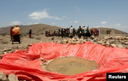 FILE - Displaced people gather at an artificial water pan near Habaas town of Awdal region, Somaliland, April 9, 2016. Across the Horn of Africa, millions have been hit by the severe El Nino-related drought.