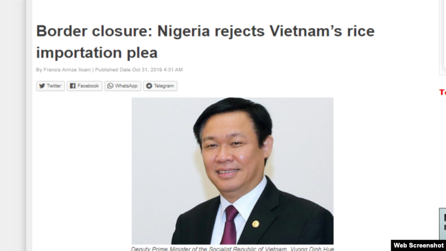 Báo Daily Trust đăng bài: Nigeria từ chối lời đề nghị của Phó Thủ tướng Vương Đình Huệ, 31/10/2019. Photo Daily Trust.