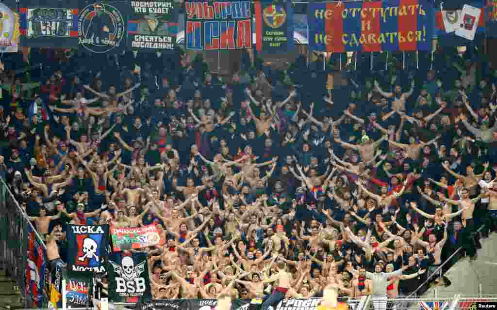 CSKA Moscow fans cheer during the UEFA Champions League Group A football match between FC Basel and CSKA Moscow at Saint Jakob-Park Stadium in Basel, Switzerland, Oct. 31, 2017.