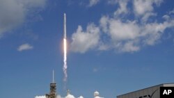 A Falcon 9 SpaceX rocket launches from pad 39A at the Kennedy Space Center in Cape Canaveral, Fla., Aug. 14, 2017. The mission of the spacecraft is a cargo and supply delivery to the International Space Station. 