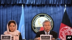 Tadamichi Yamamoto, United Nations Special Representative of the Secretary-General for Afghanistan, right, speaks during a press conference with Danielle Bell, United Nations Assistance Mission in Afghanistan, UNAMA, Human Rights Director, to discuss the release of the U.N. 2016 Annual Report on the Protection of Civilians in Armed Conflict, in Kabul, Afghanistan, Monday, Feb. 6, 2017. 