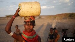 A woman carries a water canister in a village near Loiyangalani, Kenya, March 21, 2017.