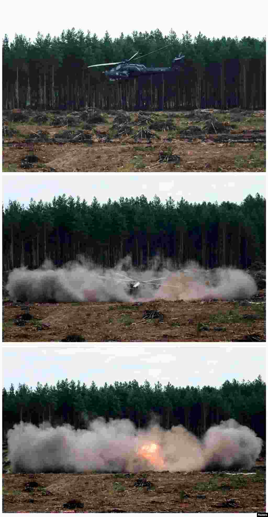 A combination picture shows the hard touchdown of a Mi-28N from the Berkuty (Golden Eagles) helicopter display team during the "Aviadarts" military aviation competition at the Dubrovichi range near Ryazan, Russia. The aircraft started dipping down due to back propeller failure and crashed, killing one of two pilots, according to a Reuters photographer and official representatives of the competition. 