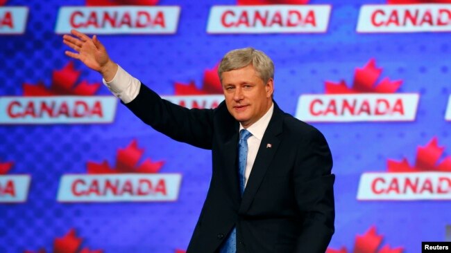时任加拿大总理的哈珀2015年10月19日出席一场活动（路透社）