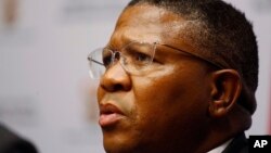 FILE - Fikile Mbalula, then South Africa's minister of sport and now the secretary-general of the African National Congress, speaks during a press briefing at parliament in Cape Town, March 17, 2016.