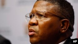 South African Minister of Sport Fikile Mbalula speaks to the media during a press briefing at parliament in Cape Town, March. 17, 2016. 
