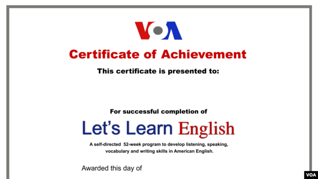 Let's Learn English Certificate of Completion