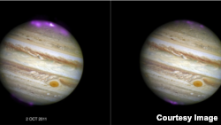 Jupiter’s X-ray emission (in magenta and white, for the brightest spot, overlaid on a Hubble Space Telescope optical image) captured by Chandra as a coronal mass ejection (CME) reaches the planet on 2 October 2011, and then after the solar wind subsides.