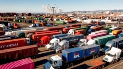 FILE - Trucks line up to enter a Port of Oakland shipping terminal on Nov. 10, 2021, in Oakland, Calif.