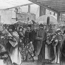 An 1880 drawing of immigrants arriving at Castle Garden, New York