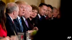 President Donald Trump speaks in the East Room of the White House in Washington, March 7, 2017, during a meeting with the Republican House whip team about the proposed health bill. 